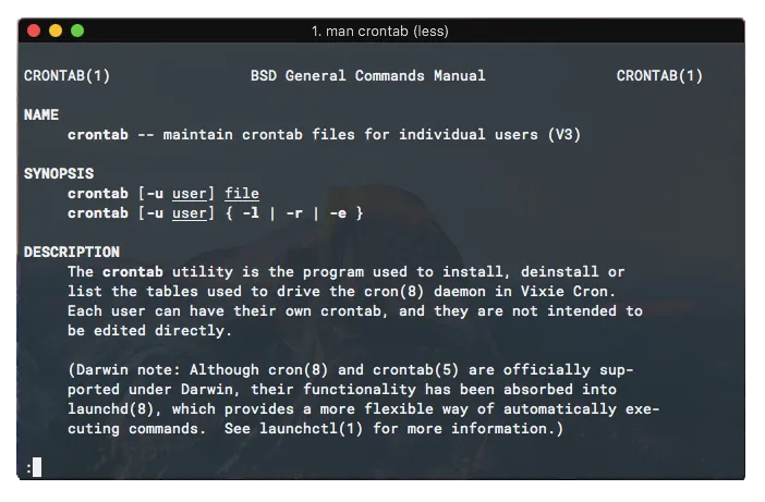 Terminal window showing the result of running the `man crontab` command