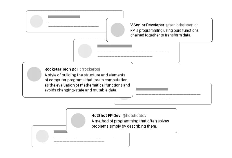 An illustration showcasing a functional programming snobs explaining what functional programming is using very high level jargon