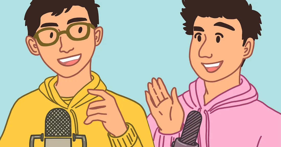 Illustration of Parth and Ratik and their podcasting mics