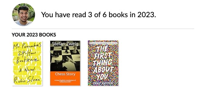 Screenshot saying 3/6 books read in the 2023 Goodreads reading challenge