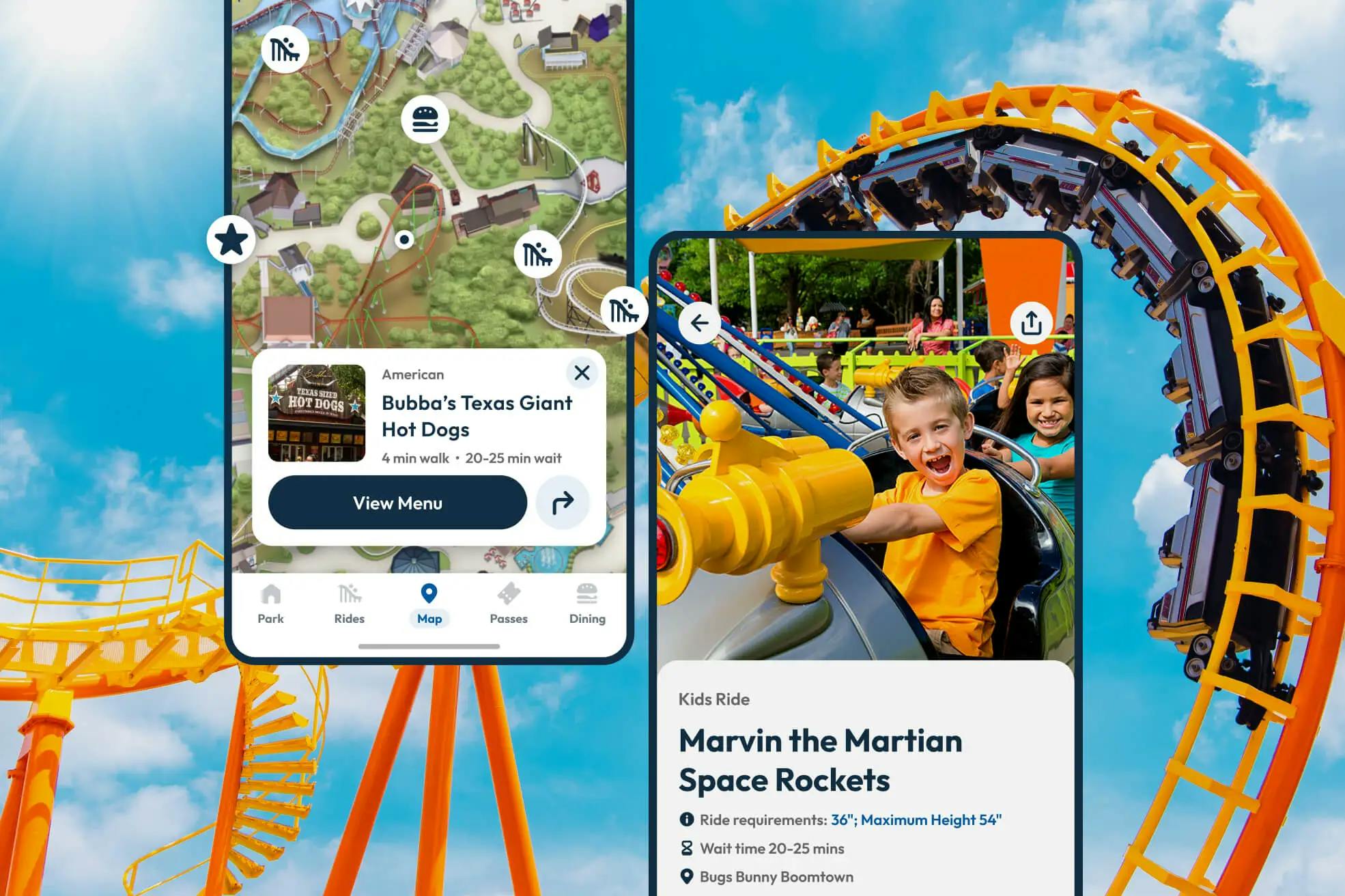 Screenshots of the Six Flags mobile apps with roller coasters in the background