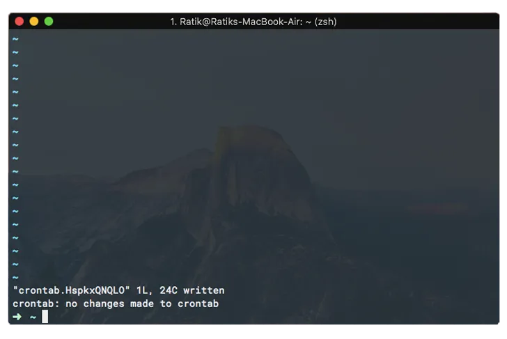 Terminal window showing the result of a successful cron job setup