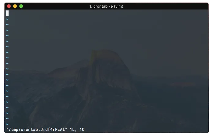 Terminal window showing the result of running the `crontab -e` command