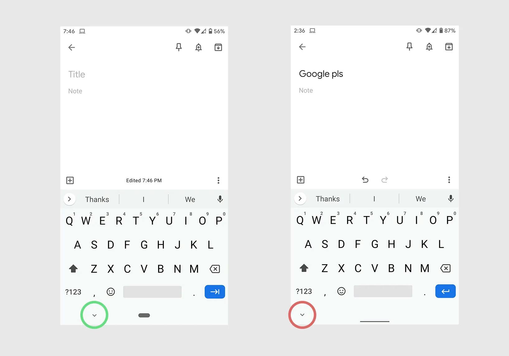 GBoard with Android Pie's 2-button navigation (left), GBoard with Android 10's Gesture Navigation (right)