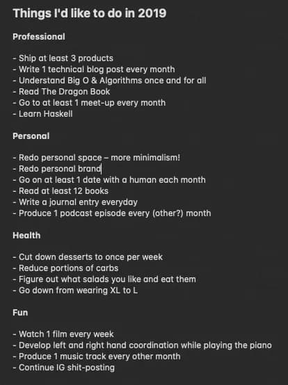 List of goals for 2019