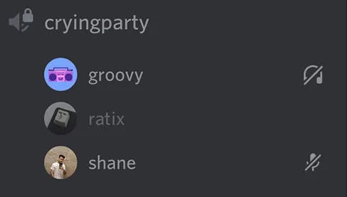 A screenshot from Discord of a voice channel named 'cryingparty'
