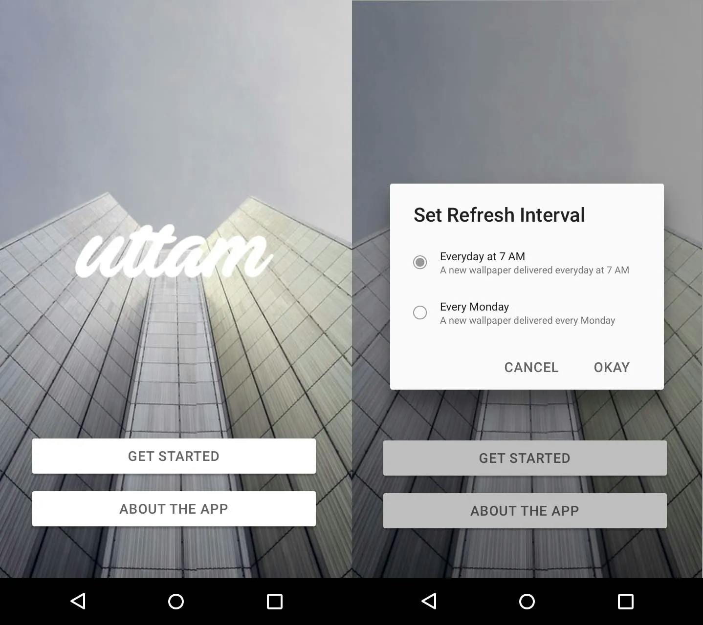 App design for Uttam: Start screen (left), Setup dialog (right)